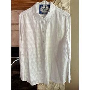 Chicos White Cotton Blend Button Down Shirt Roll Tab Sleeve Sz 1 Jacquard Sheer